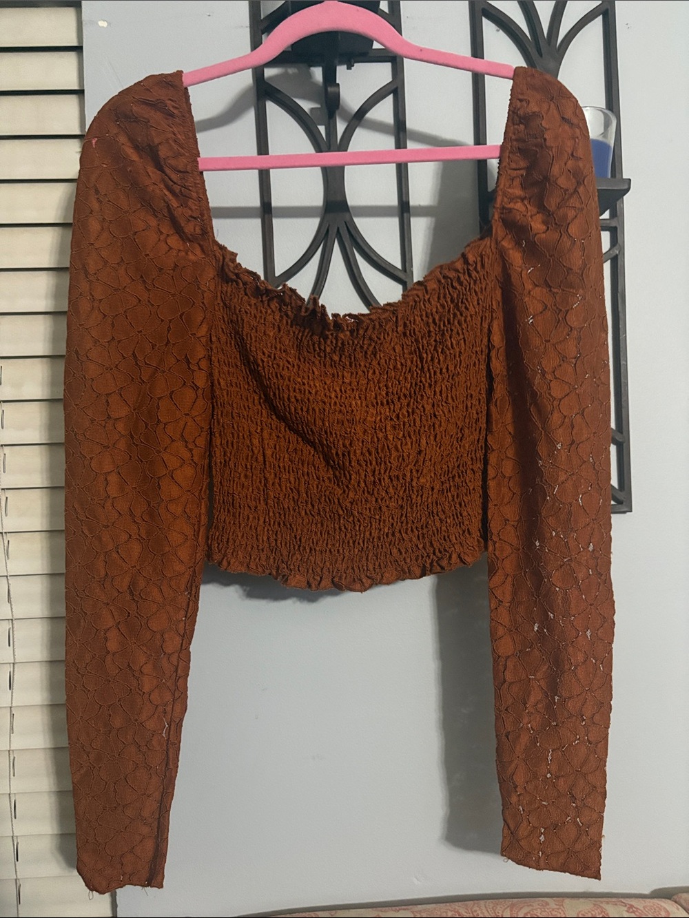 Rust Smocked Long-Sleeve Crop Top